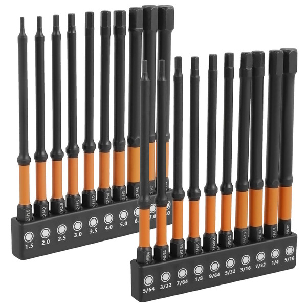 20 Pcs Impact Hex Head Allen Wrench Drill Bit Set, Metric and SAE S2 Alloy Steel Hex Bit Set with Magnetic Tips, 1/4inch Hex Shank Screw Driver Drill Bit (SAE + Metric)