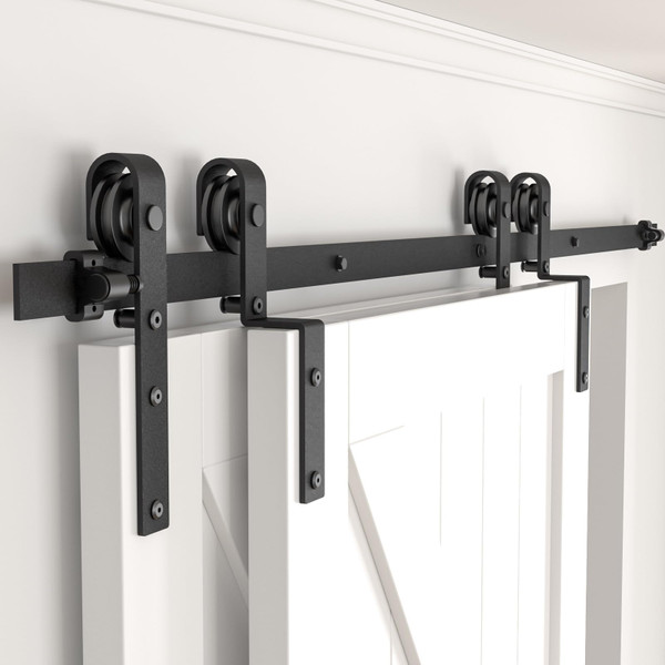 AONAYIOA 7.5FT Bypass Sliding Barn Door Hardware Kit, Combination Track Mode Sliding Door Hardware, Single Track Bypass Barn Door Hardware for Double Wooden Doors,(no Door) (7.5 Feet)