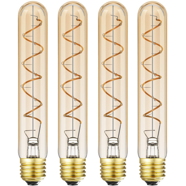 Leools Dimmable T10 LED Bulbs, Warm White 2200K Amber, 7.3inch Long Tubular Light Bulb, 40 Watt Vintage Edison LED Filament Bulb,400lm,E26 Base Led Tube Bulb,Amber Glass,Pack of 4