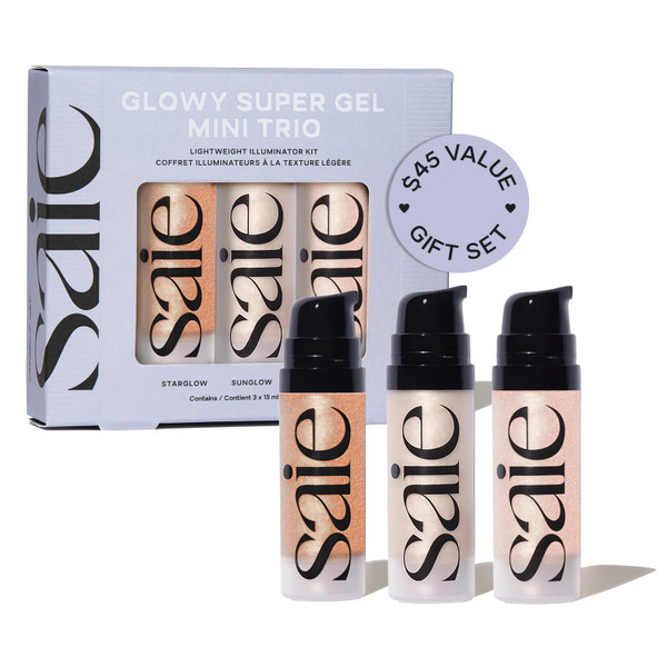 Saie Mini Glowy Super Gel Trio Gift Set - Lightweight Makeup Primer & All-Over Liquid Highlighter for Instant Glowy, Glass Skin - With Glycerin & Squalane - Starglow, Roseglow & Sunglow (0.5 oz Each)