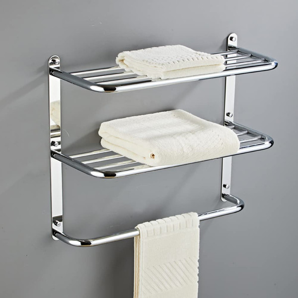 2-Tier Towel Rack Floating Shelf with Towel Bar, 24-Inch W x 8.25-Inch D Bathroom Hotel Towel Shelf, Wall Mount, Mounting Hardware Included,Polished Chrome