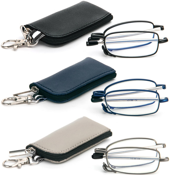 3 Pack Folding Reading Glasses with Keychain Compact Bags Women Men Blue Light Blocking Spring Hinge Portable Pocket Readers,Black Grey and Blue 3.0