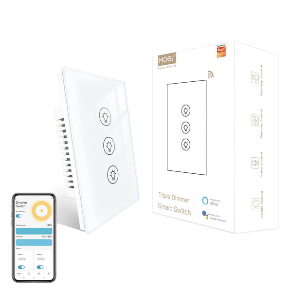 MOES Triple Dimmer Switch for LED Lights, Full Range Dimming, WiFi Smart Light Switch Neutral Wire Required, Single Pole, 300W INC, 75W LED/CFL, Smart Life/Tuya APP Remote Control