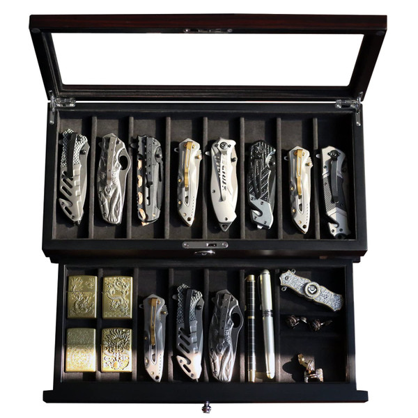 Besforu Pocket Knife Display Case for men collection holder 15-17 folding knife with Walnut Finish Two-Tier Knife organizer storage box with Real Glass Window Top (ebony veneer with draw)
