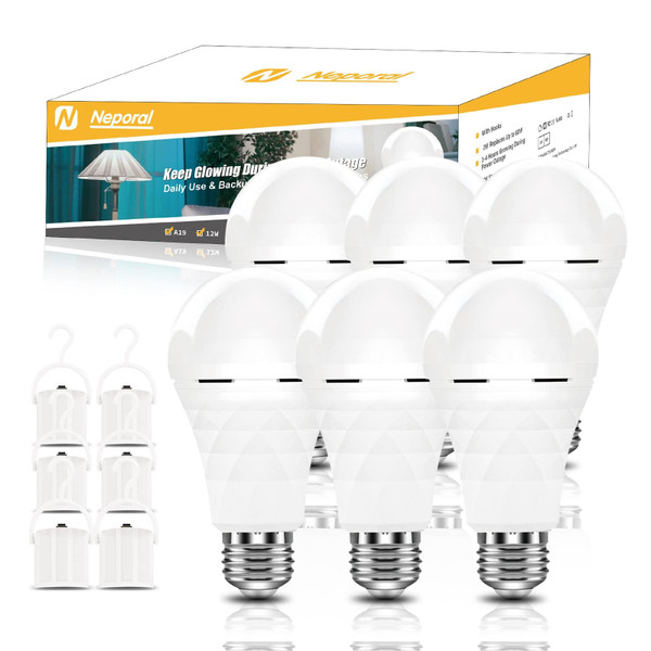 Neporal A19 Rechargeable Light Bulbs, Socket Rechageable Battery Backup for Power Outages, Emergenecy Light Bulbs for Power Failure, Hurricane, Led Bulb 60 Watt Equiv., (Daylight-6 PK)