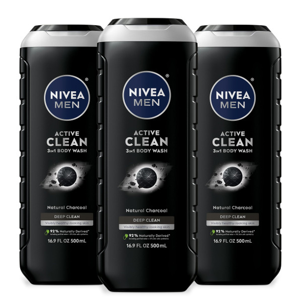 NIVEA MEN Active Clean 3-in-1 Body Wash, Mulitpack, 3 x 16.9 FL OZ