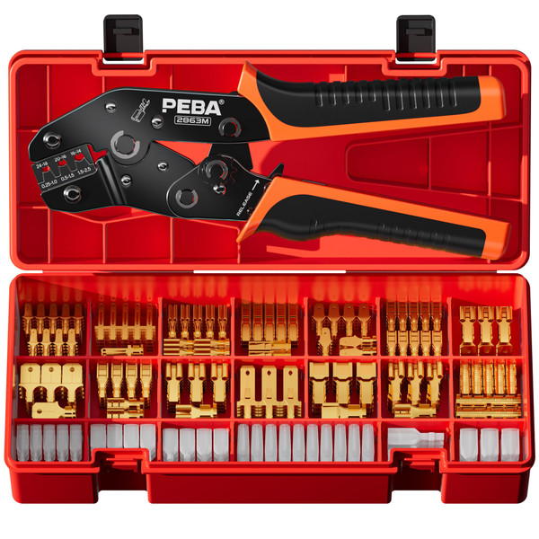 PEBA Open Barrel Crimping Tool Kit - 14 Sizes Quick Splice Male and Female Wire Spade Connectors & Piggy-back with Ratcheting Crimper AWG 24-14, for Electrical Wiring Car Audio Speaker Connectors