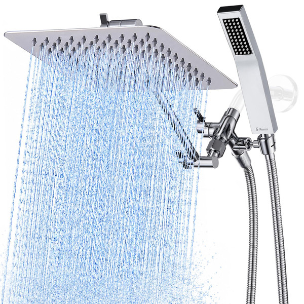 G-Promise All Metal 10" Dual Square Shower Head Combo | Rain Shower Head | Handheld Shower Wand | Adjustable | Smooth 3-Way Diverter | 71" Extra Long Hose - A Bathroom Upgrade (Chrome)