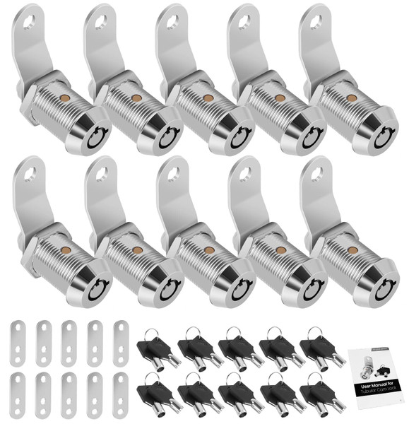 10 Pack Cabinet Lock with Keys, RV Storage Locks, 7/8” Tubular Cam Lock Keyed Alike, RV Locks for Storage Door Camper Cabinet Toolbox RV Cam Locks with Manual