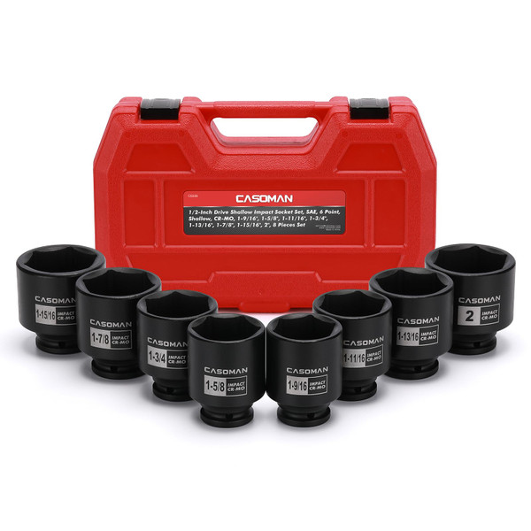 CASOMAN 1/2-Inch Drive Shallow Spindle Axle Nut Impact Socket Set,1-9/16" to 2", 6-Point, SAE, CR-MO, 8 Piece 1/2" Heavy Duty Impact Socket Set
