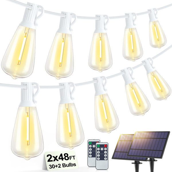 Larkvue 96FT(2x48FT) Solar Outdoor String Lights with Remote & Timer, White