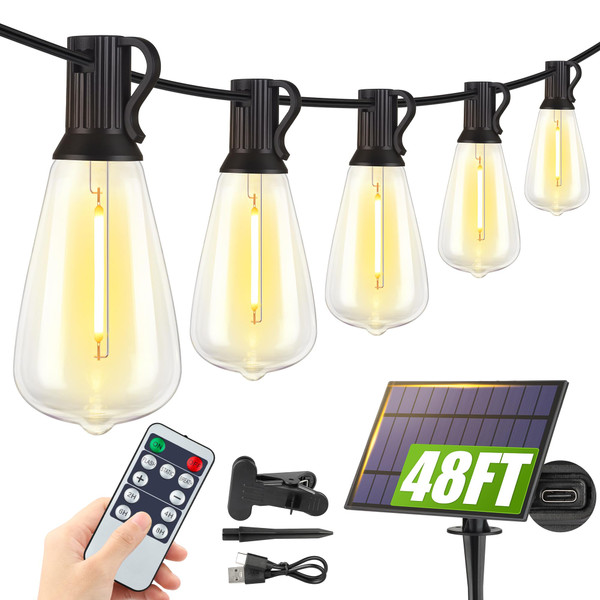 Larkvue 48FT Solar String Lights Outdoor with Remote, 16 ST38 Bulbs, Black