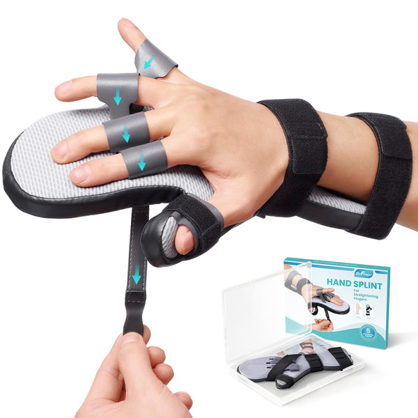 DrFinger Upgrade Resting Hand Splint Brace for Straightening Fingers with 5 Finger Support, to Keep Fingers Straight - Right (Black)