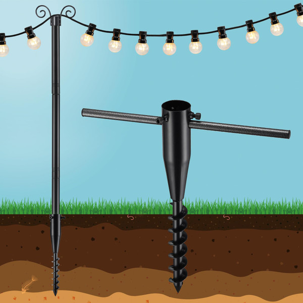10FT String Light Poles with Spiral Ground Stakes, 38mm Adjustable Height Rustproof Metal Posts for Garden Lawn Patio, Christmas Wedding Party Outdoor Decoration (Black, 1 Pack)