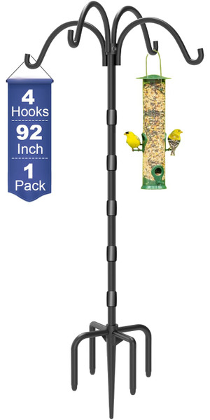 Tikimilor Upgrade 4-Hook Shepherds Hooks for Outdoor with Plastic Tube, 92" Heavy Duty Bird Feeder Pole with 5 Prongs Base, Adjustable Garden Hook for Solar Light, Hanging Plant, Wedding Decor, 1 Pack