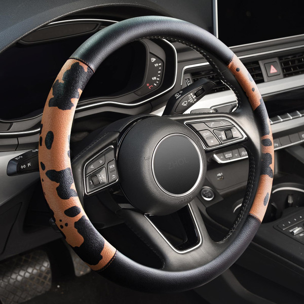 Cow Print Tooled Leather Steering Wheel Cover,14.5-15",Anti-Slip,Brown