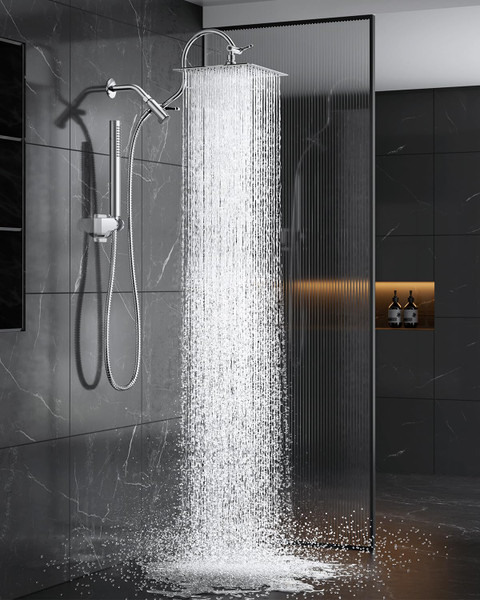 All Metal Dual Shower Heads Combo with Curved Extension Arm, 10" Rain Shower Head with Handheld Spray, Square Adjustable Rainfall Showerhead System, 71" Extra Long Shower Hose, Chrome