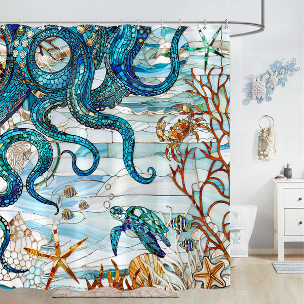 Kanuyee Octopus Shower Curtain Stained Glass Shower Curtain Blue Shower Curtains for Bathroom Ocean Shower Curtain Set with 12 Hooks Octopus1 72×72 Inches