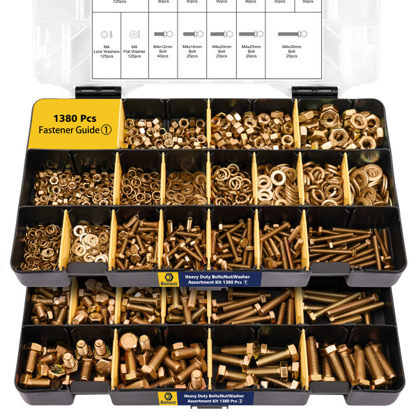 Bonost 1380pcs Nuts and Bolts Assortment Kit, Zinc Plated, Grade 8.8 M4-M8