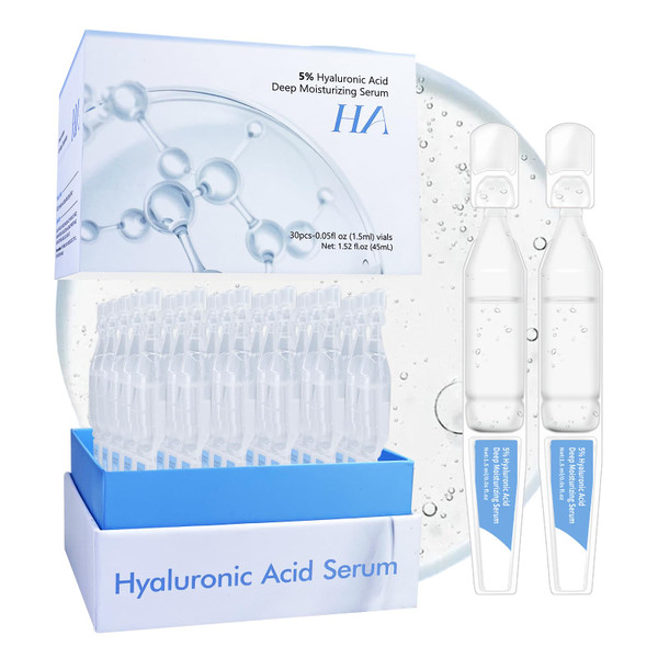 5% Hyaluronic Acid Serum Ultra Moisturizing & Elastic Skin - Wake Nature Perfection Hyaluronic Acid - Anti-Aging Serum for Face Single-Use Vials Skincare - Repair Sensitive Skin (1.5 ml)*30