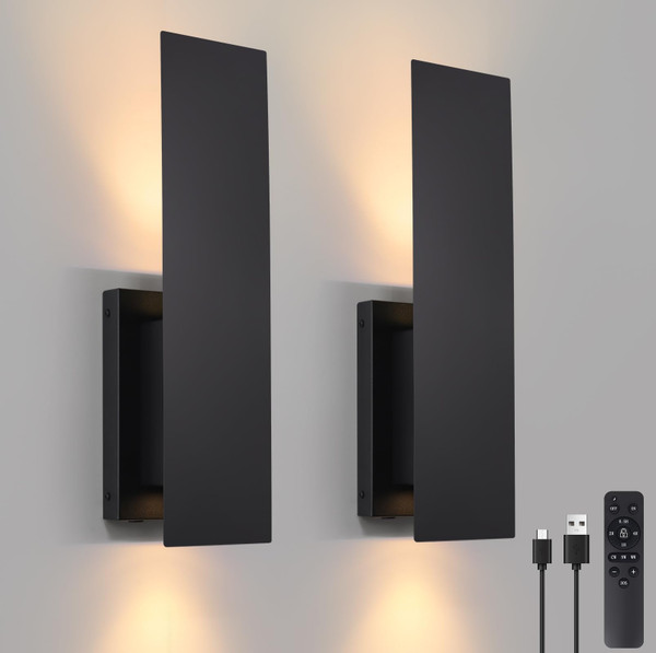 Vloitgol Black Wireless Wall Sconces Set of Two,3000K-6000K Dimmable Battery Operated Wall Sconces with Remote,USB Rechargeable LED Wall Lights for Living Room Bedroom Hallway