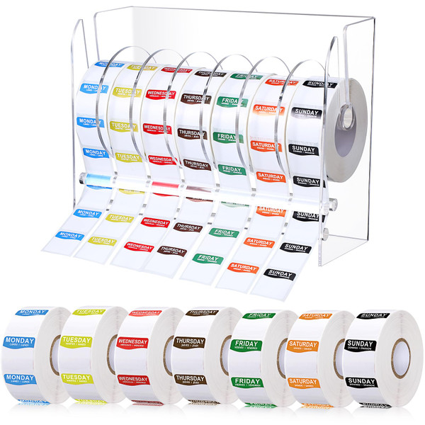 Resurhang 7000 Pcs Day of The Week Labels Food Labels with Adjustable Label Dispenser Monday Through Sunday Management Inventory Stickers Removable Weekly Self Adhesive Date Dot Stickers (Square)