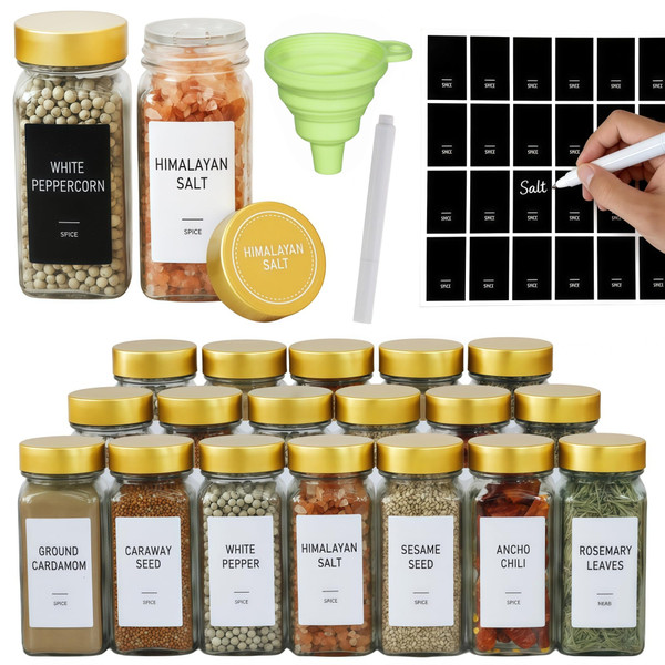 24 Spice Jars with Labels, 4oz Seasoning Jars for Cabinets, Drawers, Racks