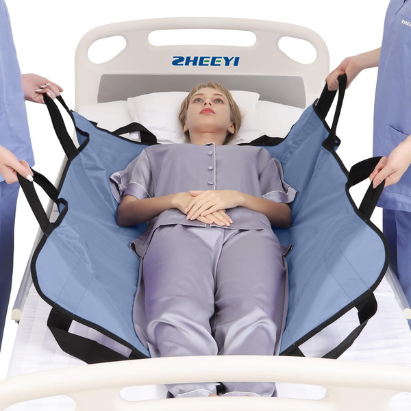 ZHEEYI Positioning Bed Pad with Reinforced Handles 43" x 36" Patient Transfer Sheet Aid Assistant for Body Lifting, Turning, Repositioning, for Elderly, Incontinence, Caregiver, Blue Gray