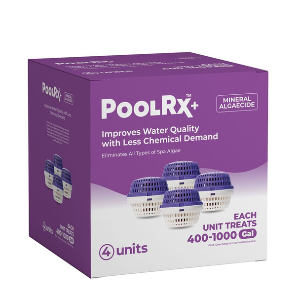 PoolRx+ Mineral Algaecide 4-Unit Pack, up to 6-Month Algae Control, for 400-1,000 gallons, Purple & White, New Formula with Silver.