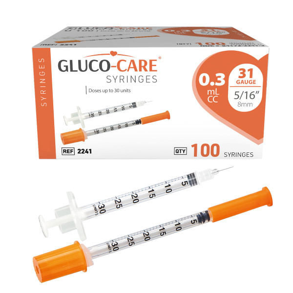 GLUCO-CARE 0.3 ml/cc Syringes 31G x 5/16" (8mm), Orange Cap,100 pcs/bx