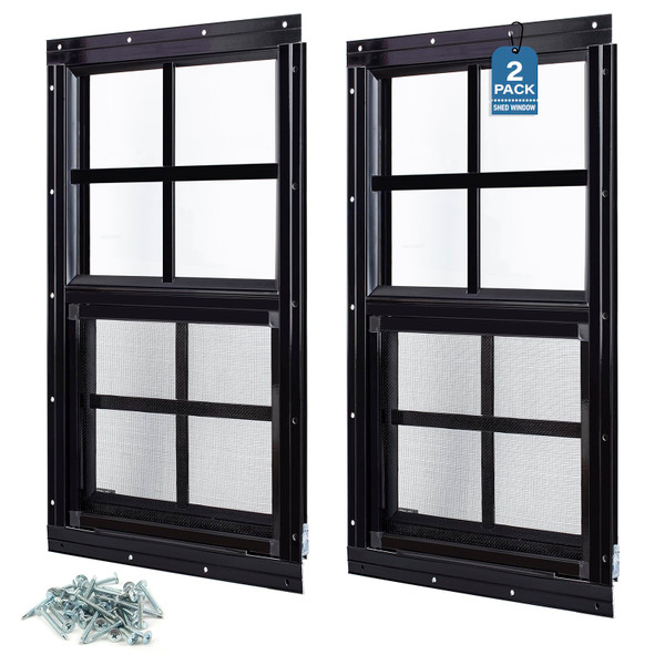 Melkus 2 Pack Shed Windows 18"x23" Flush Mount Household Windows with Tempered Glass and Screen, Sliding Windows for Chicken Coop, Shed, Garage, Playhouse, Barn,Greenhouse, Black