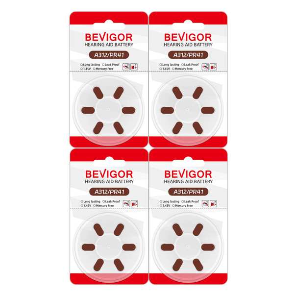 BEVIGOR Hearing Aid Batteries Size 312, Mercury Free (24 Count), 1.4V, Easy to Open and Carry, Long Lasting Batteries