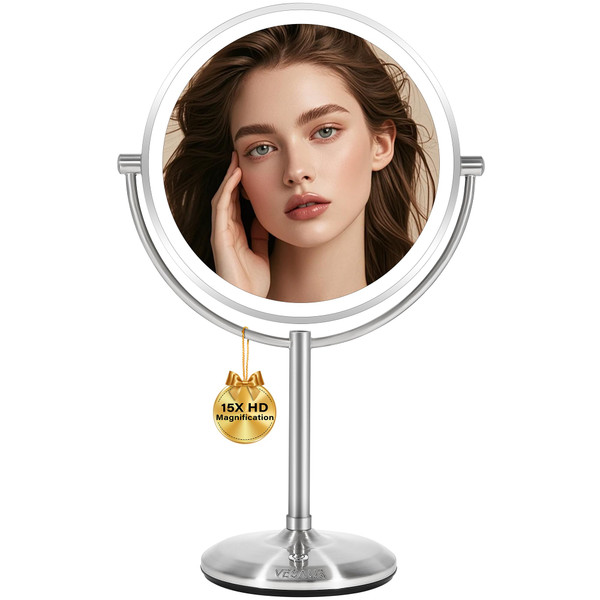 VESAUR 1X15X HD Lighted Makeup Mirror, 9" Large 5000mAh Rechargeable Double Sided Magnifying Mirror with 3 Touch Dimmable Light, 360°Rotation Detachable for Travel Vanity Mirror, Pearl Nickel, Gifts