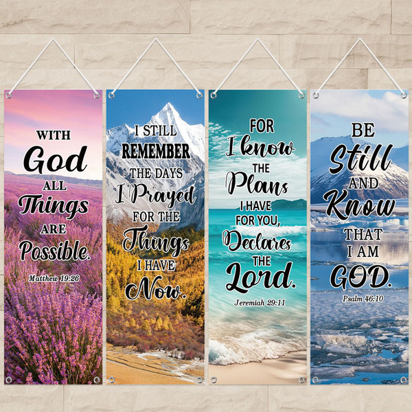 Moukeren 4 Pcs 4 Pcs Church Banners with Scripture Religious Worship Banner Christian Porch Sign Jesus Hanging Backdrops for Spring Summer Indoor Outdoor Sanctuary Wall Decor (Scripture)
