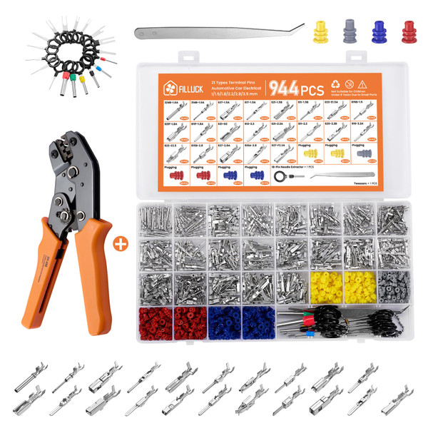 945Pcs Pin Connector Kit,Car Electrical Wire Connectors Terminal Pins,21Type Non-Insulated Plug 1/1.5/1.8/2.2/2.8/3.5mm,Large Quantity&Easy Store with Ratchet Crimping Tool 22-16 AWG