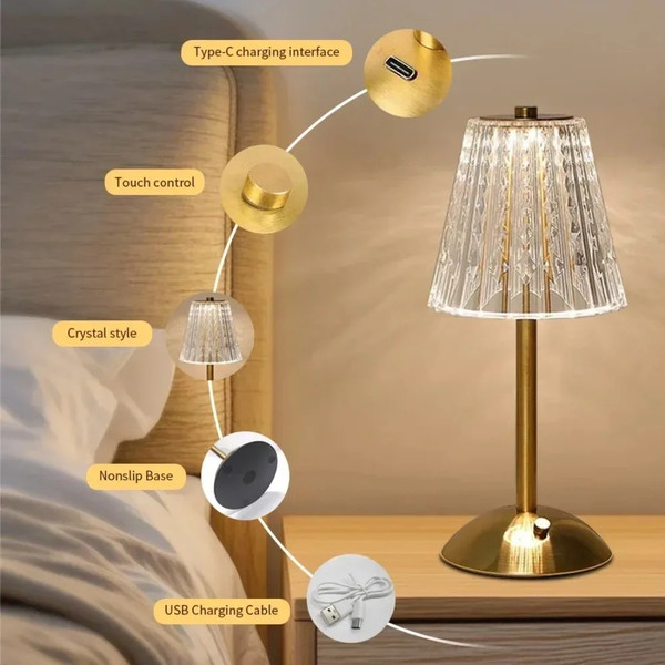 USB Rechargeable Crystal Touch LED Night Light Desktop Table Lamp Ambient Lighting for Hotel Bedroom Decor