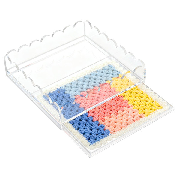 Acrylic Trays for Needlepoint 4" x 4", Scalloped Acrylic Tray with Drawer for Insert Needlepoint, Photos, Art, Fabric, Napkin, Messages Display Basket, Decorative Tray Gift for Home Office