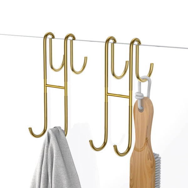 Over Shower Glass Door Hook, 2 Pack Gold Stainless Steel Extended Shower Door Hooks, Bathroom Frameless Drilling-Free Hanger, Double Side Towel Hooks