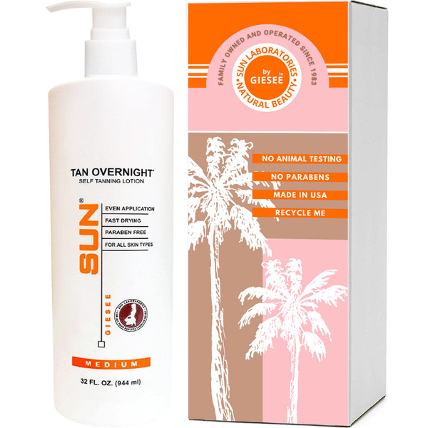 Sun Laboratories By Giesee Tan Overnight Self Tanning Lotion 32 oz - Medium To Dark Self Tanner, Sunless Tanning Lotion, Odorless Long Lasting Tanning Lotion, Instant Tanner Lotion for Face & Body