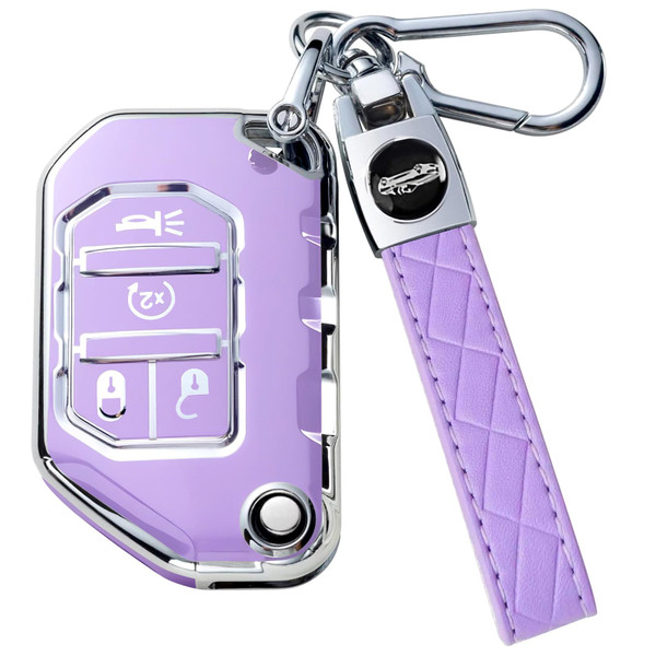 Montague Key Fob Cover for Jeep with Keychain, Premium TPU Key Case Compatible with Jeep Wrangler JL JLU Gladiator JT Rubicon Sahara Remote Smart Car Flip Key Protector（4 Buttons Purple）