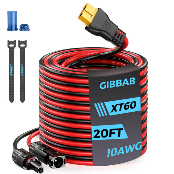 20FT 10AWG XT60 Solar Charging Cable, GIBBAB Solar Panel Connector to XT60 Extension Charge Adapter Cable with Caps & Wire Ties for LiFePO4 Battery RV Portable Power Station Generator