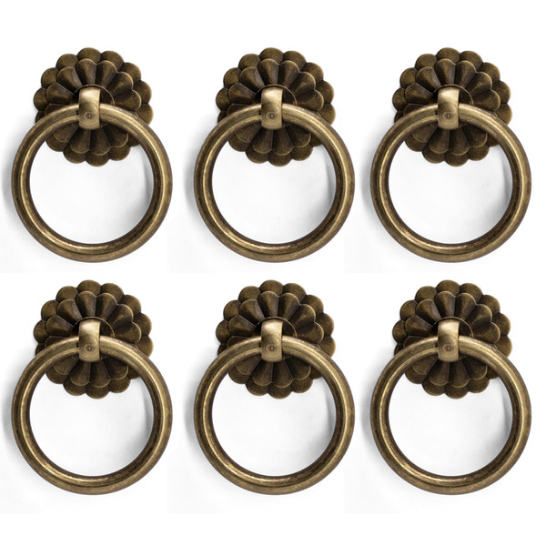 FIRSORCA 6Pcs Antique Bronze Ring Pulls Vintage Small Ring Pulls with Flower Deco Knobs Handles for Drawer Cabinet Closet Cupboard