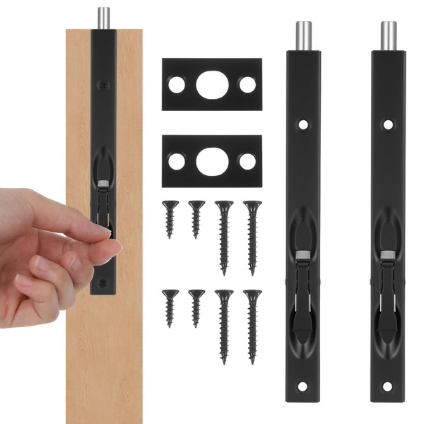 2 Pack Flush Bolt for Double Door, 8 Inch Stainless Steel French Door Lock with Three-Hole Plate and Screws, Flush Latch Bolts for Inactive Leaf Wood Double Dummy Doors(Black)