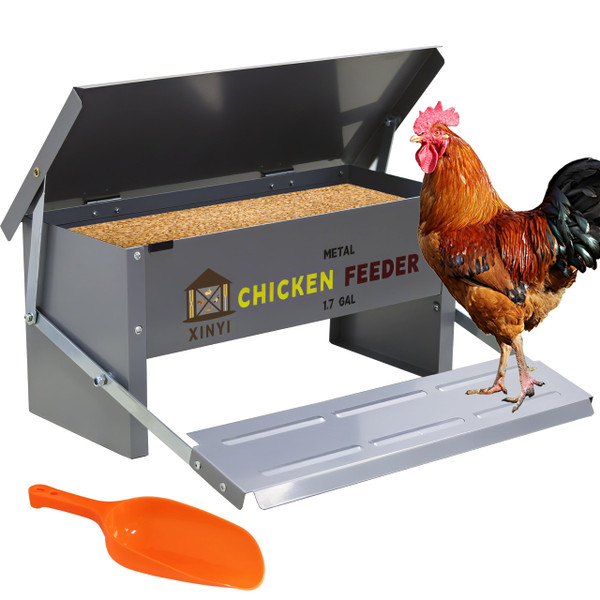 XINYI Chicken Treadle Feeder,12 Lbs Metal Treadle Feeder, No Waste & Rodent Proof Chicken Feeder with Weatherproof Lid, Suitable for Bantams, Poultry, Pheasants - 1.7Gallon Capacity