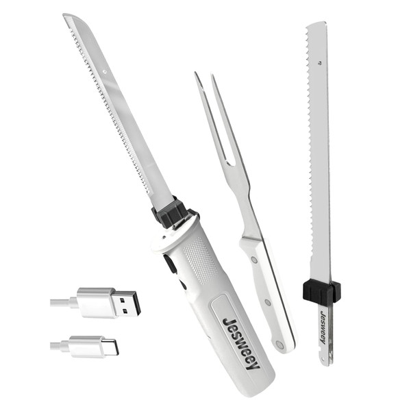 Cordless Electric Carving Knife for Meat Slicing, Fish, Bread, Turkey, Ergonomic Handle, Serving Fork Included, Package Box for Storage & Safety Lock