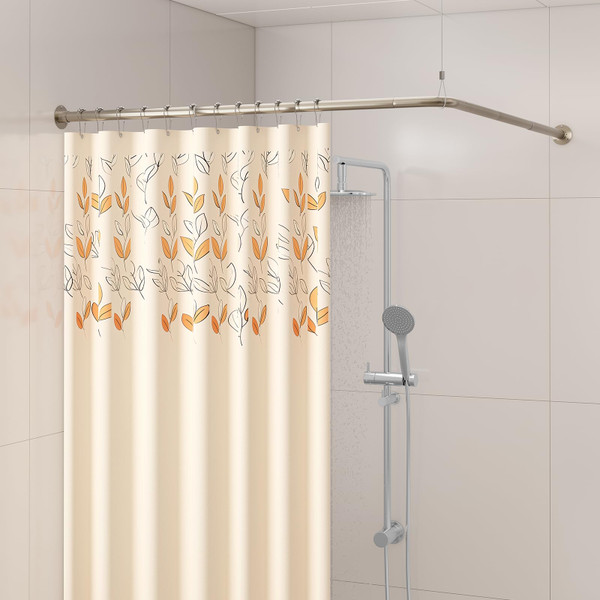 L Shaped Corner Shower Curtain Rod, 24" - 53" x 24" - 53" Adjustable 90 Degree Curved Bathroom Rod Square Rail No Sag with 12 Hooks & Ceiling Support - Silver