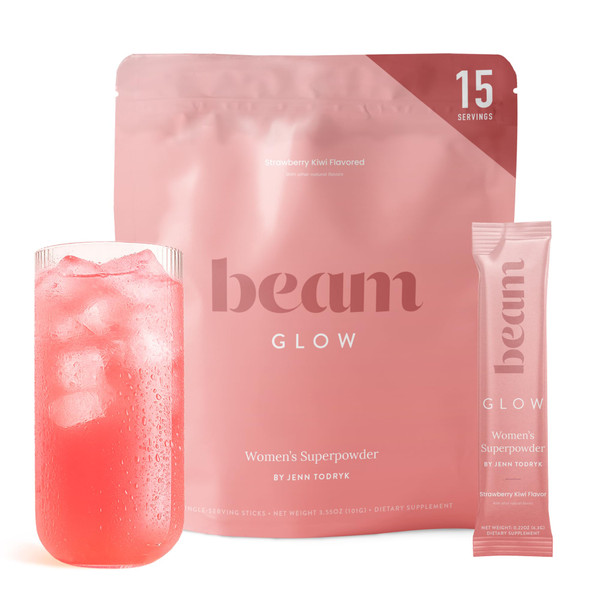 BEAM Glow Hormone Support & Cortisol Supplement for Women - Daily Vitamins for Women with Ashwagandha, Selenium, Zinc, Vitamin A, for Cycle Health, Mood & Energy, Strawberry Kiwi, 15 Servings