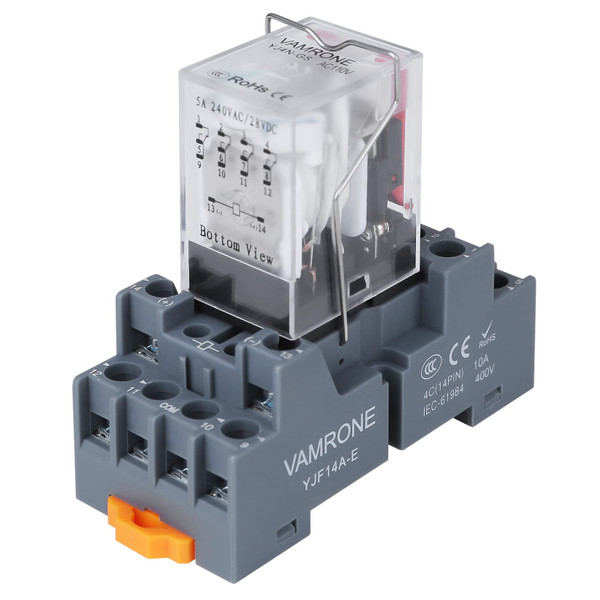 Electromagnetic Power Relay, 14-Pin 5A 110/120 AC Relay Coil with Socket Base, LED Indicator, 4PDT 4NO 4NC - MY4NJ [Applicable for DIN Rail System]