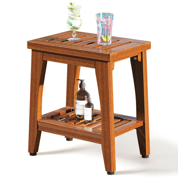 14" Compact Solid Teak Shower Bench with Storage Shelf