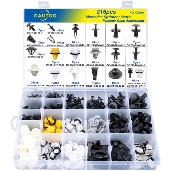 216pcs for Mercedes Sprinter & Metris Bumper Fender Grille Door Panel Retainer Body Interior and Exterior Fastener Clips Assortment